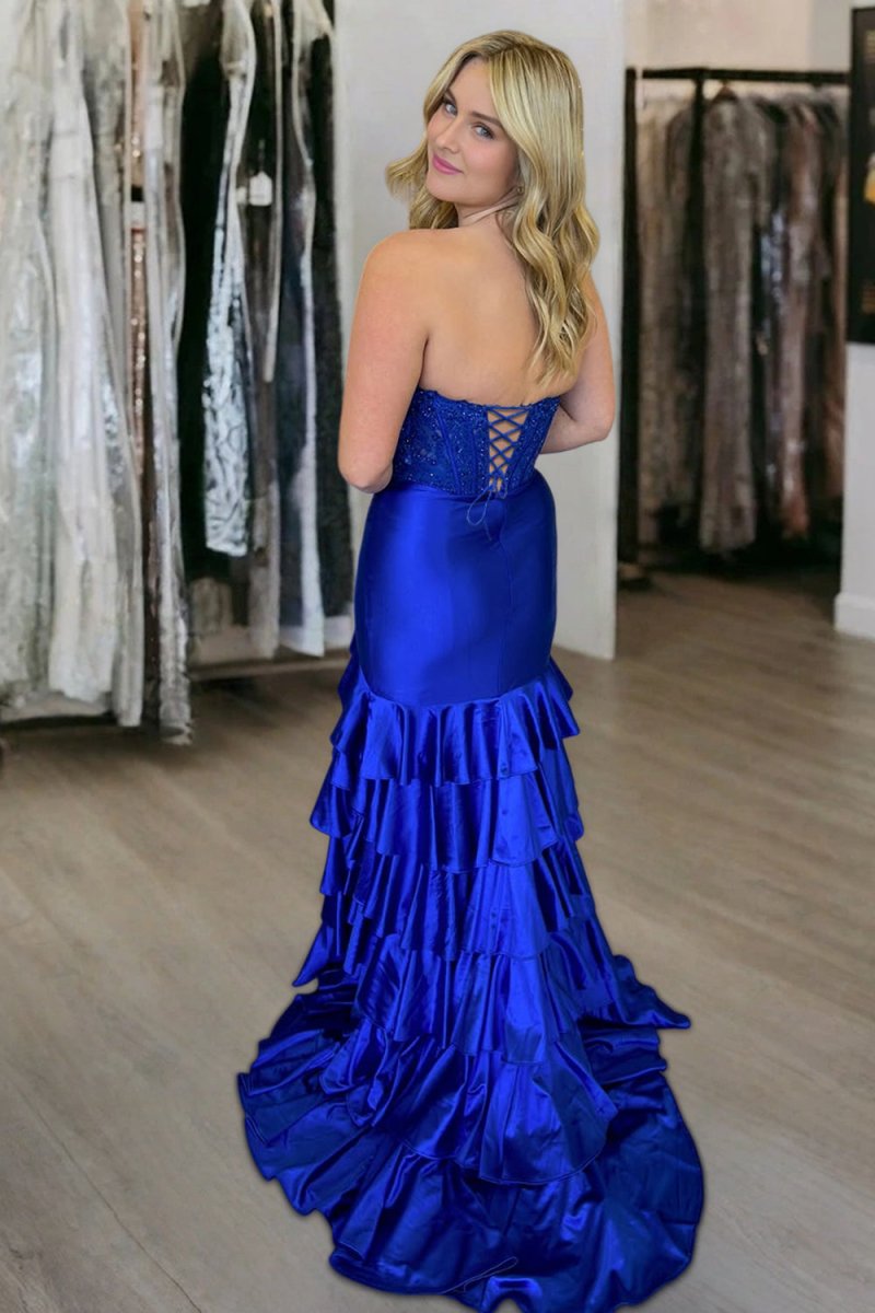 Yvonne | Charming Mermaid Strapless Pink Satin Long Prom Dresses with Appliques