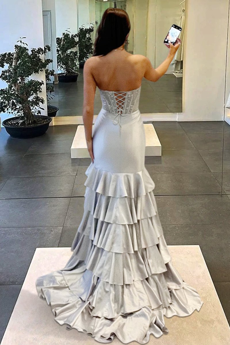 Yvonne | Charming Mermaid Strapless Pink Satin Long Prom Dresses with Appliques